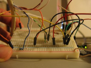 The breadboard setup for the hot tub controller
